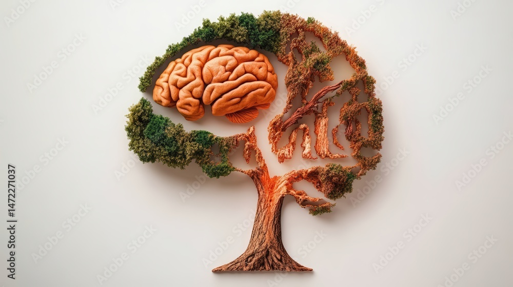 Poster an artistic representation of the human brain intertwined with a tree symbolizing growth and lect.