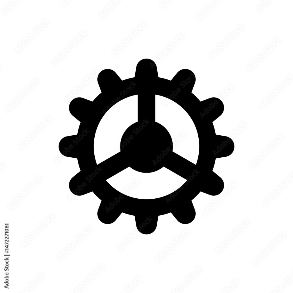 Poster a black gear icon with a circular center and three spokes connecting to a central hub design element