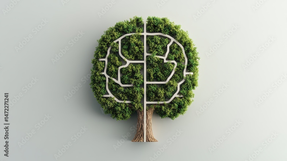 Poster lush green tree shaped like a brain with neural pathways symbolizes growth and knowledge on a white 