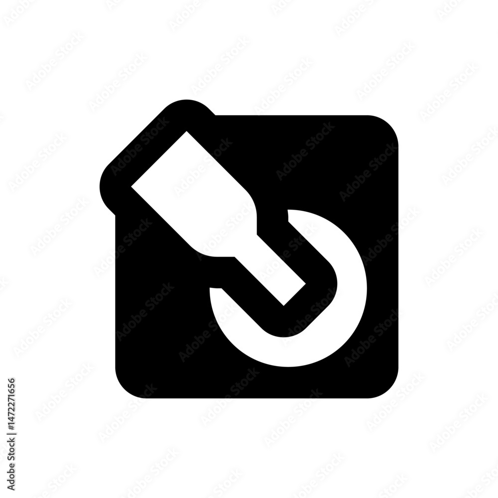 Poster illustration of a white rotary switch with a handle on a black rounded square background design elem