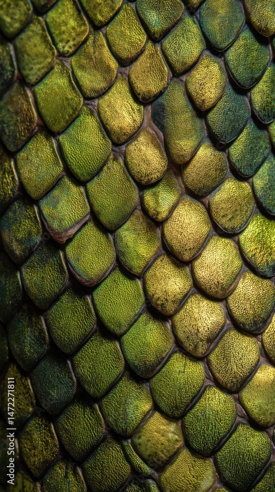 Poster textured green scales of a reptile showcasing intricate patterns and vibrant colors up close