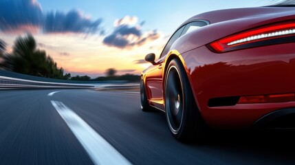 Fototapeta premium A red sport car speeds along a winding road as the sun sets, casting vibrant colors across the sky. The dynamic motion captures energy and excitement in the evening