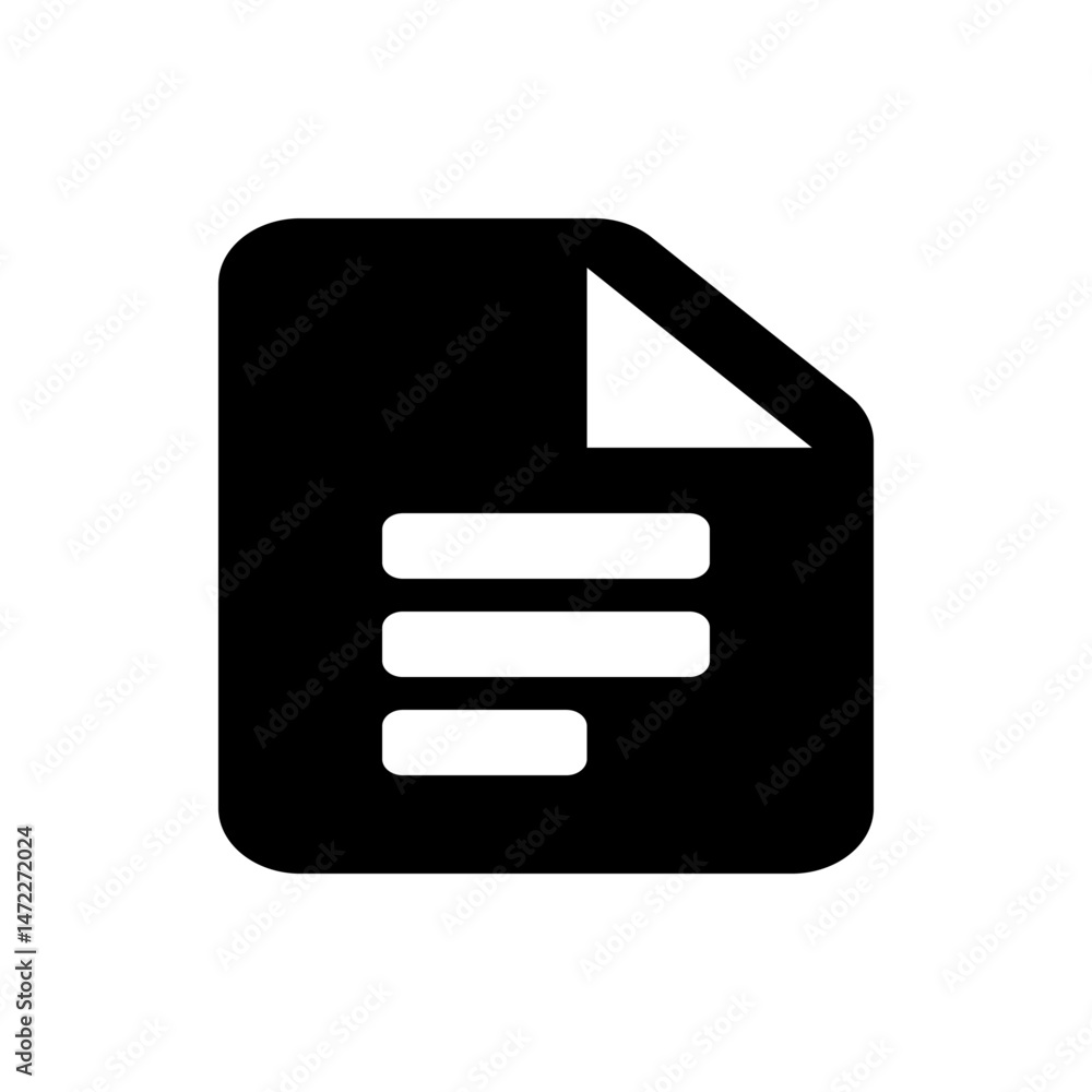 Poster black document icon with a folded corner and three white lines representing text on a white backgrou