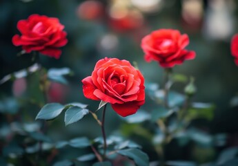 Beautiful Close-Up of Vibrant Red Roses Blossoming in a Lush Garden with Soft Focus Background, Perfect for Nature and Floral Themes