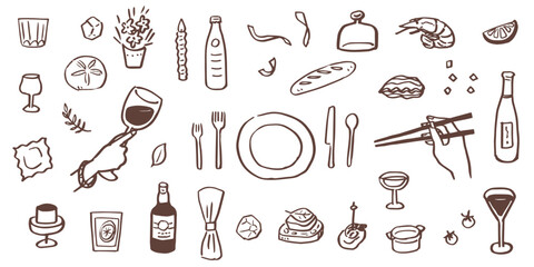 Hand drawn illustrations of restaurant meals and parties. Food for holidays and anniversaries. Food and drinks for dinners and lunches.