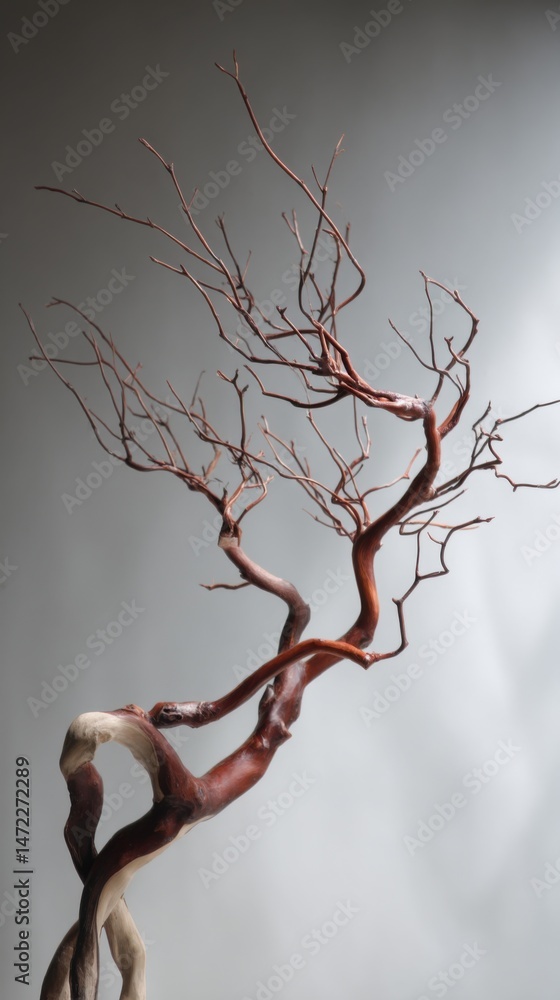 Poster artistic sculpture of a twisted tree with bare branches displayed against a light background