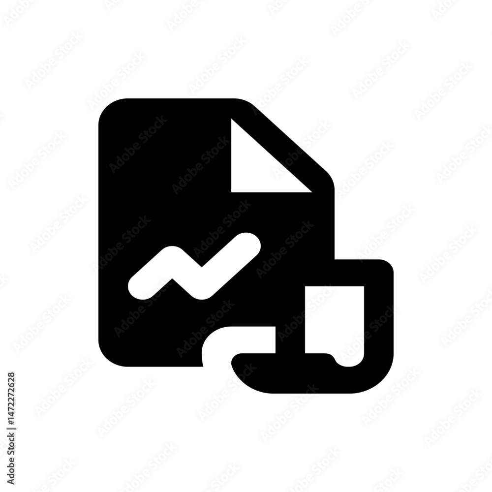 Poster black and white document icon with a folded corner and a line graph and a loop at the bottom right