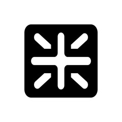 Black square containing a white abstract shape resembling a stylized cross with rounded ends design