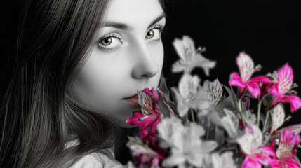 Abstract contemporary art collage portrait of young woman with flowers on face hides her eyes