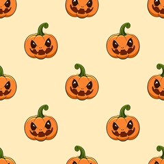 Cartoon seamless pattern with scary pumpkins on yellow background for Halloween.