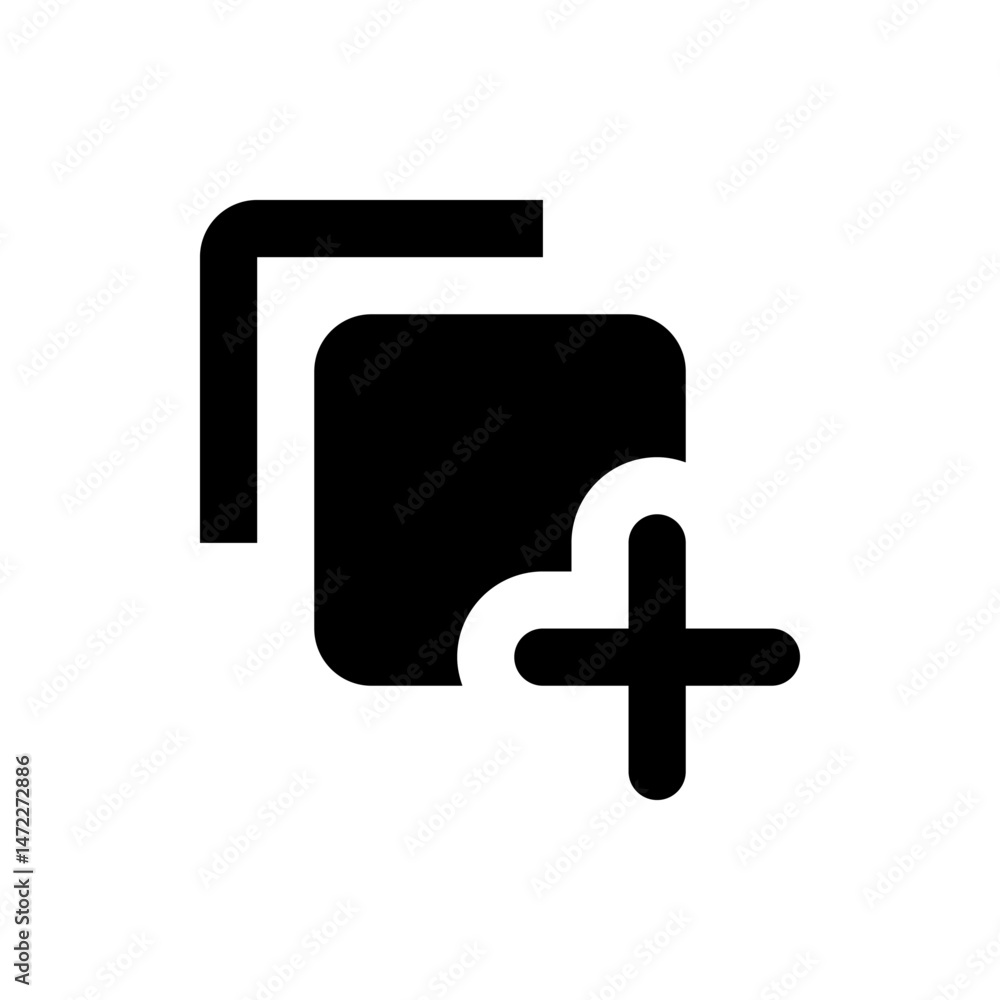 Poster black and white graphic of two overlapping rounded squares with a plus sign in the lower right corne