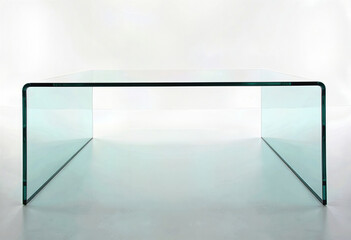 See-Through Style: A Striking Photo of a Minimalist Modern Glass Table, Showcasing Transparency, Seamlessness, Sharp Edges, and a Clean White Background Aesthetic. 