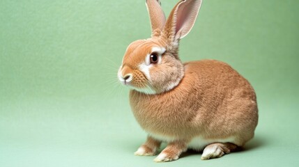 Light brown rabbit portrait against green background
