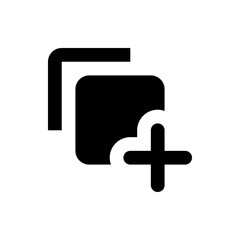 Black and white graphic of two overlapping rounded squares with a plus sign in the lower right corner