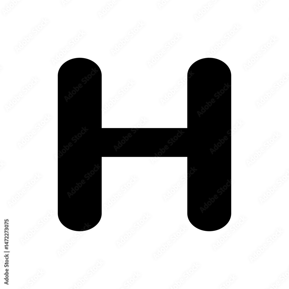Poster illustration of the letter h in black with rounded edges and a horizontal bar connecting the two ver