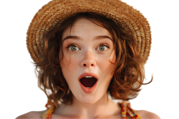 Astonished young woman with curly hair wearing a straw hat summer fashion portrait sun girl on transparent background