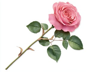 Obraz premium Beautiful Pink Rose Flower with Fresh Green Leaves Isolated on White Background for Floral Design, Valentine, and Gift Decoration Ideas