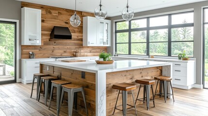 Modern kitchen island in farmhouse, wood, window view