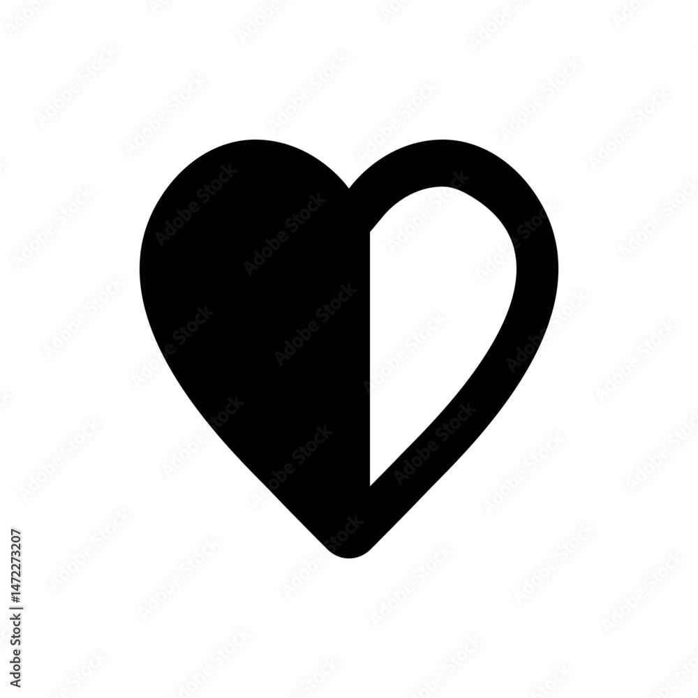 Poster a heart shape split vertically with the left side filled in black and the right side outlined in bla