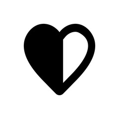 A heart shape split vertically with the left side filled in black and the right side outlined in black color