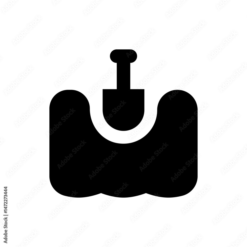 Poster illustration of a black shovel with a round handle placed inside a black container with rounded edge