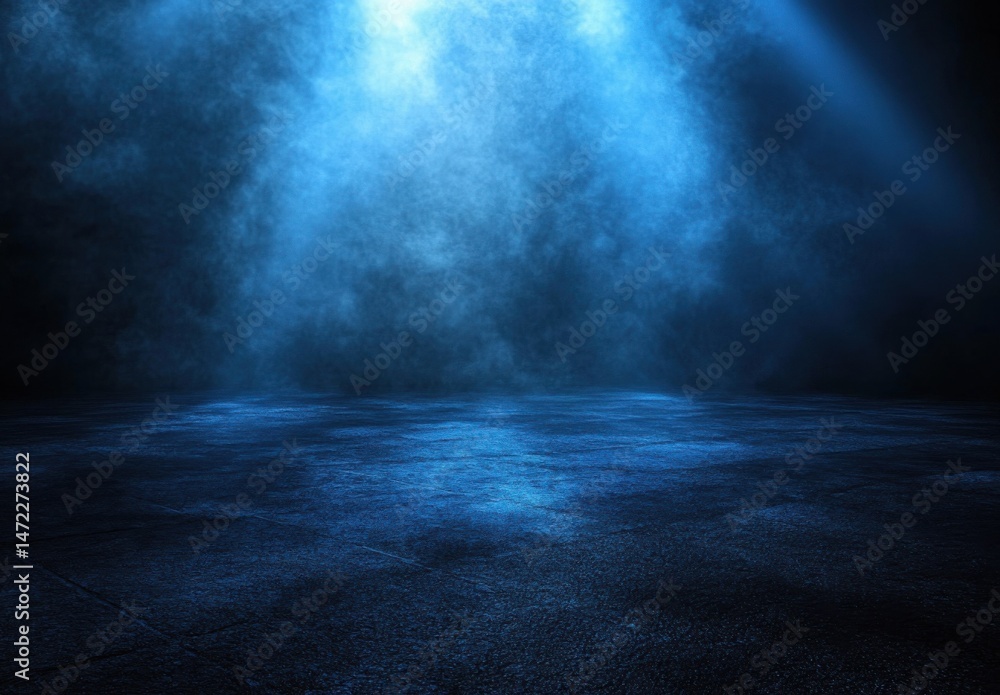 Aufkleber dark blue studio scene with smoky atmosphere and illuminated floor, perfect for product display or m