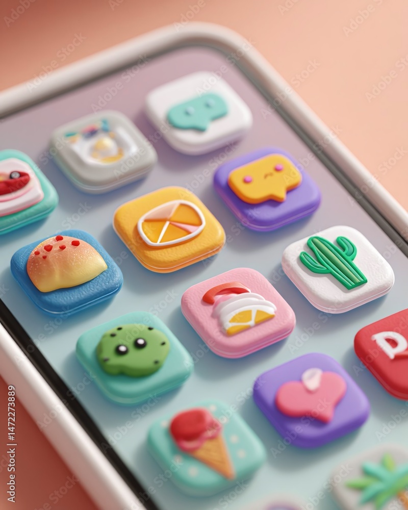 Poster colorful smartphone screen displaying playful app icons with food and chat themes on a pastel backgr