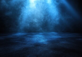 Dark blue studio scene with smoky atmosphere and illuminated floor, perfect for product display or moody background. : Generative AI