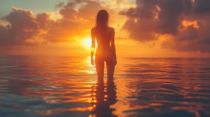 Fototapeta premium A woman stands in calm ocean water during sunset, her silhouette highlighted by vibrant colors of the sky. The scene captures a serene and peaceful ambiance at a beach location