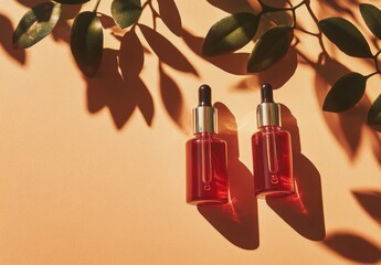 Two amber-hued serum bottles, elevated on a peach backdrop, adorned with lush green foliage casts dramatic shadows