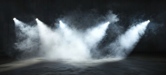 Obraz premium Three spotlights illuminate a smoky, dark room, casting dramatic beams of light across a textured concrete floor, creating a mysterious and atmospheric scene. : Generative AI