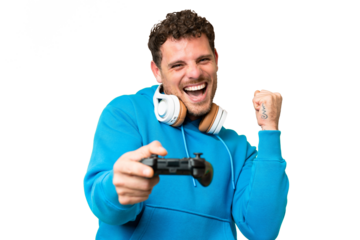 Brazilian man playing with a video game controller over isolated chroma key background