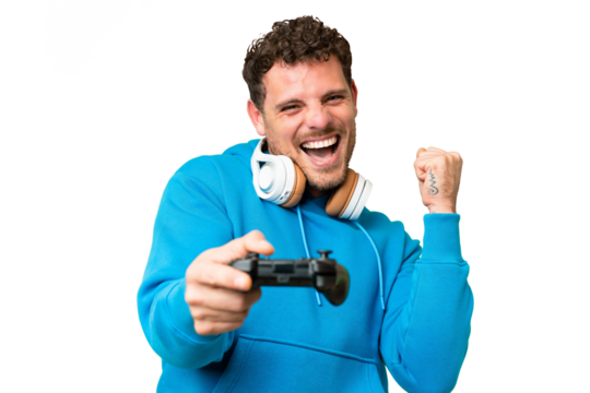 Brazilian man playing with a video game controller over isolated chroma key background