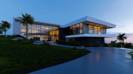 Fototapeta premium A contemporary house showcases large glass windows and an elegant design atop a gently sloping hill. Soft lighting enhances the exterior at dusk, with lush greenery surrounding the property