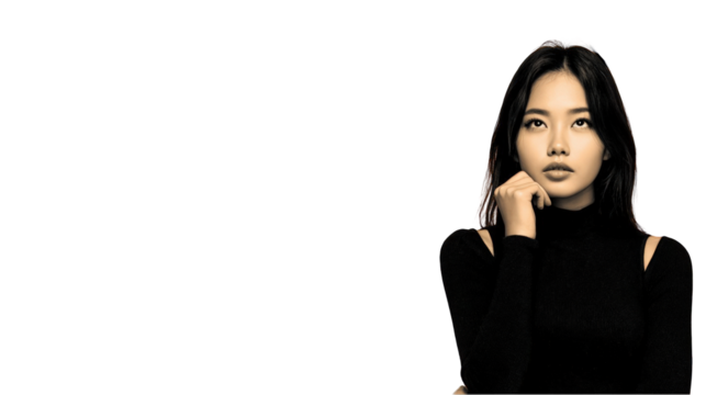 Thoughtful young woman in black turtleneck stylish portrait against dark background dreamy atmospheric on transparent background