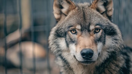 Fototapeta premium A majestic gray wolf stares intently, its amber eyes piercing through the blurred cage bars in the background, a powerful portrait of wildness. : Generative AI