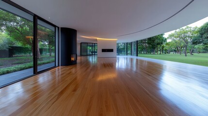 The bright living room features polished wood flooring and expansive glass windows that offer views of a lush green garden. Soft lighting enhances the inviting atmosphere