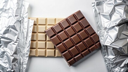Milk and dark chocolate bars unwrapped on a white background