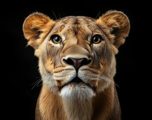 Obraz premium Close-up portrait of a majestic lioness against a stark black background, showcasing her intense gaze and powerful features. The image highlights the intricate details of her fur and f : Generative AI