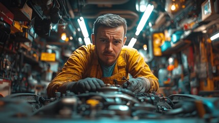 Focused mechanic working on an engine