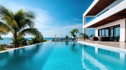 Fototapeta premium Luxury beachfront villa with infinity pool overlooking the ocean, under a bright sunny sky. Modern architecture and tropical landscaping create a stunning coastal paradise. : Generative AI