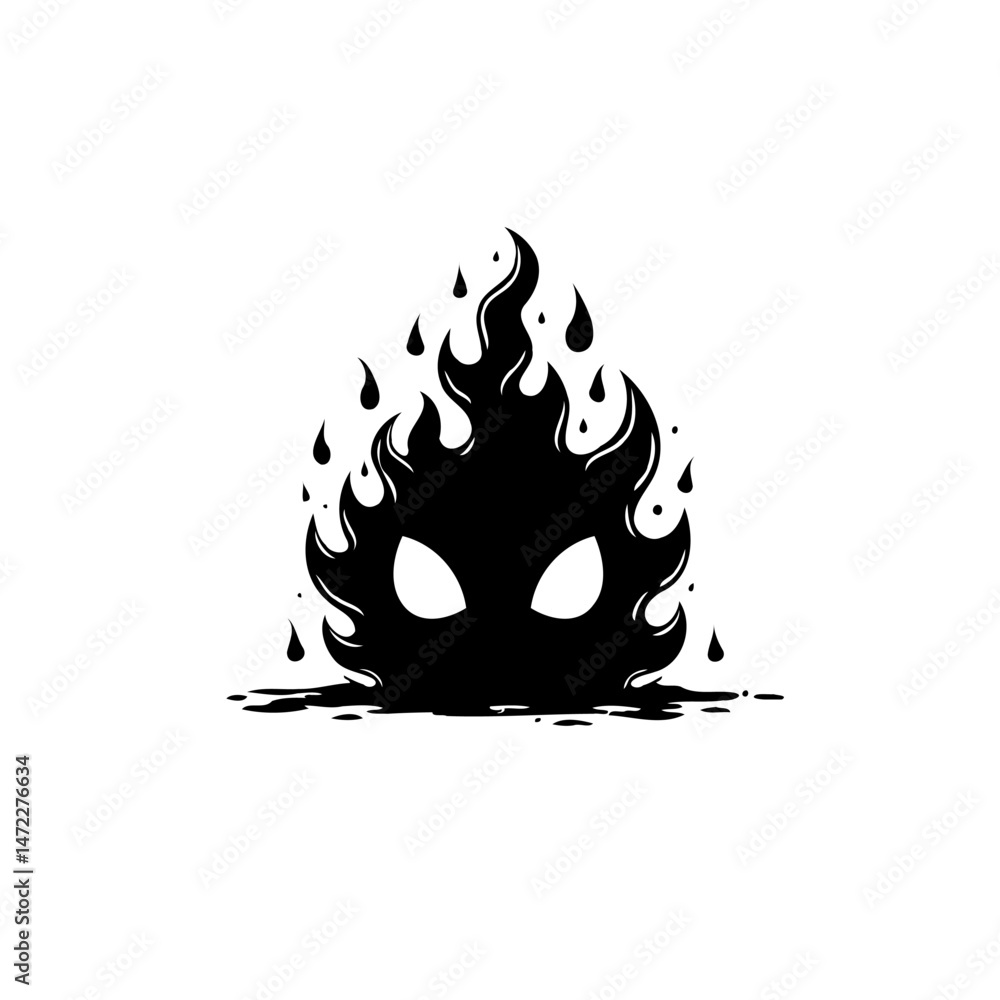 Poster silhouette fiery entity with intense gaze conjuring a spectral black flame