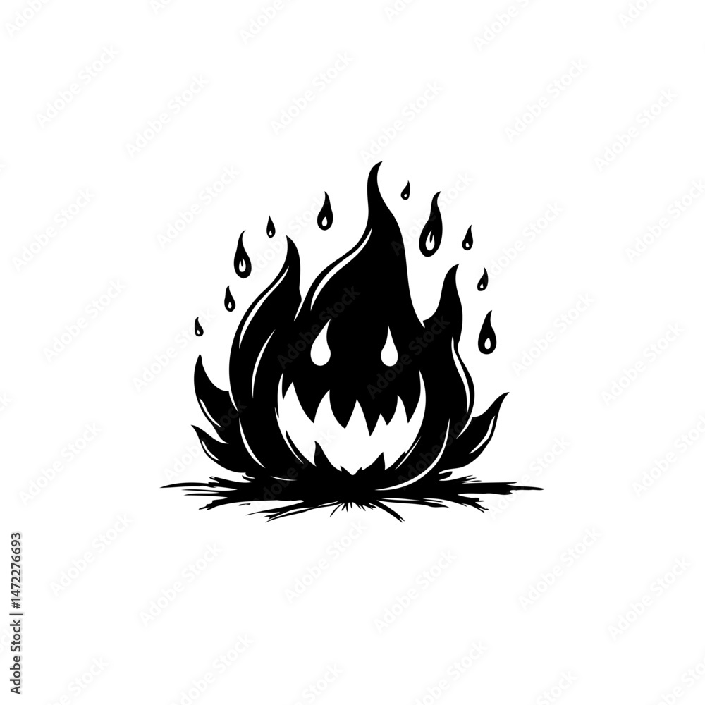 Poster whimsical stylized flame entity with dripping elements and expressive visage