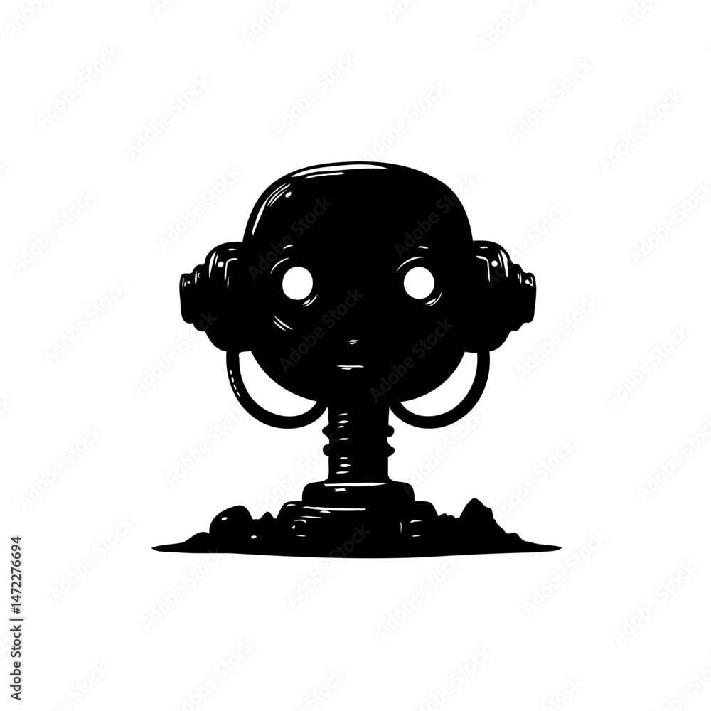 Poster Monochrome stylized rendering of a retro-futuristic robot character
