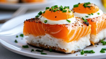 Enticing sushi features fresh salmon layered over fluffy rice, topped with a soft egg yolk and garnished with chives. This culinary delight shines in a contemporary environment