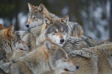 Fototapeta premium Photorealistic Close-Up of Grey Wolf Pack in Natural Habitat with Intense Expressions and Sharp Detail