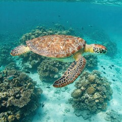 Obraz premium Close-Up Green Sea Turtle Swimming in Clear Tropical Waters with Coral Reef – World Turtle Day | World Sea Turtle Day | Sea Turtle | Save Turtle | 4K HD High Quality Turtle Laptop Desktop Wallpaper