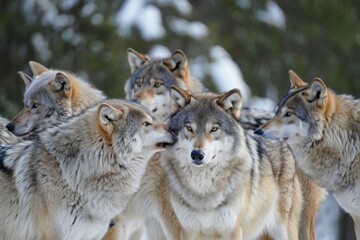 Obraz premium Photorealistic Close-Up of Grey Wolf Pack in Natural Habitat with Intense Expressions and Sharp Detail