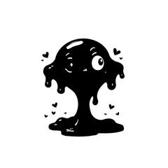 Whimsical black blob character design with hearts, playful and cartoonish look