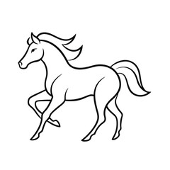 Elegant black and white line art illustration of a running horse in motion